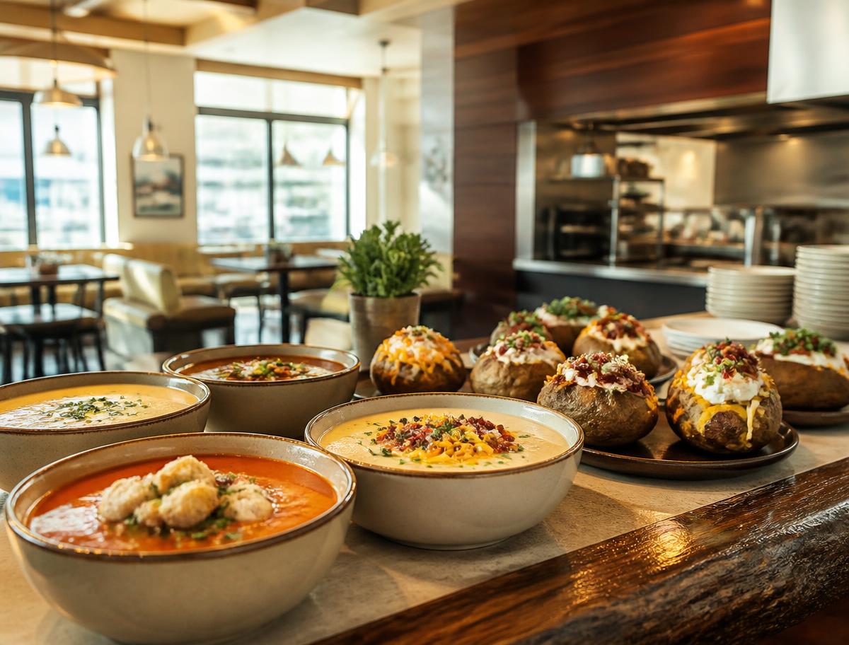 Handcrafted soups and loaded baked potatoes at a Soup N' Spud counter