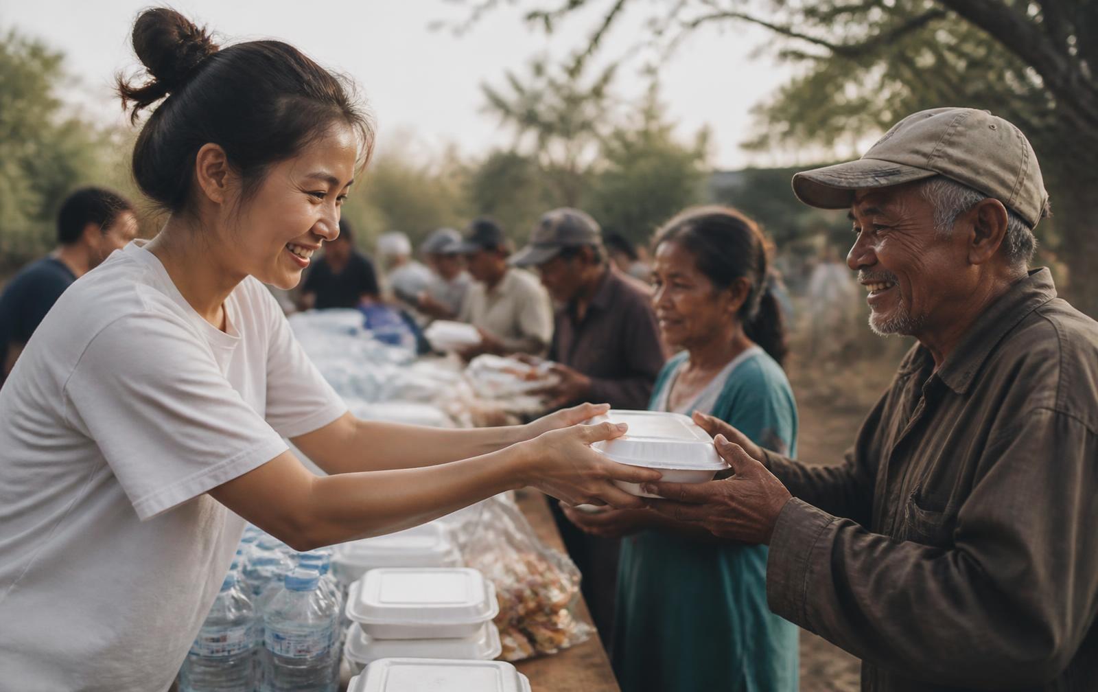 Volunteers serving prepared meals to community members