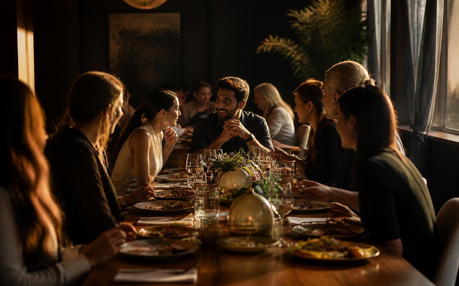Guests gathered around a long table in a warmly lit restaurant