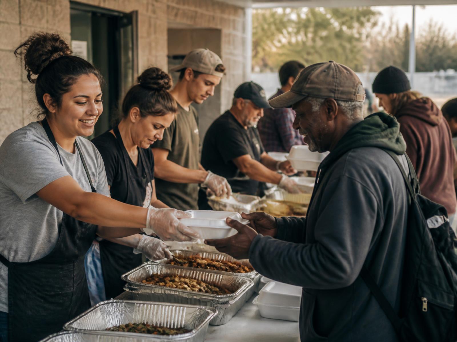 Volunteers handing prepared meals to community members