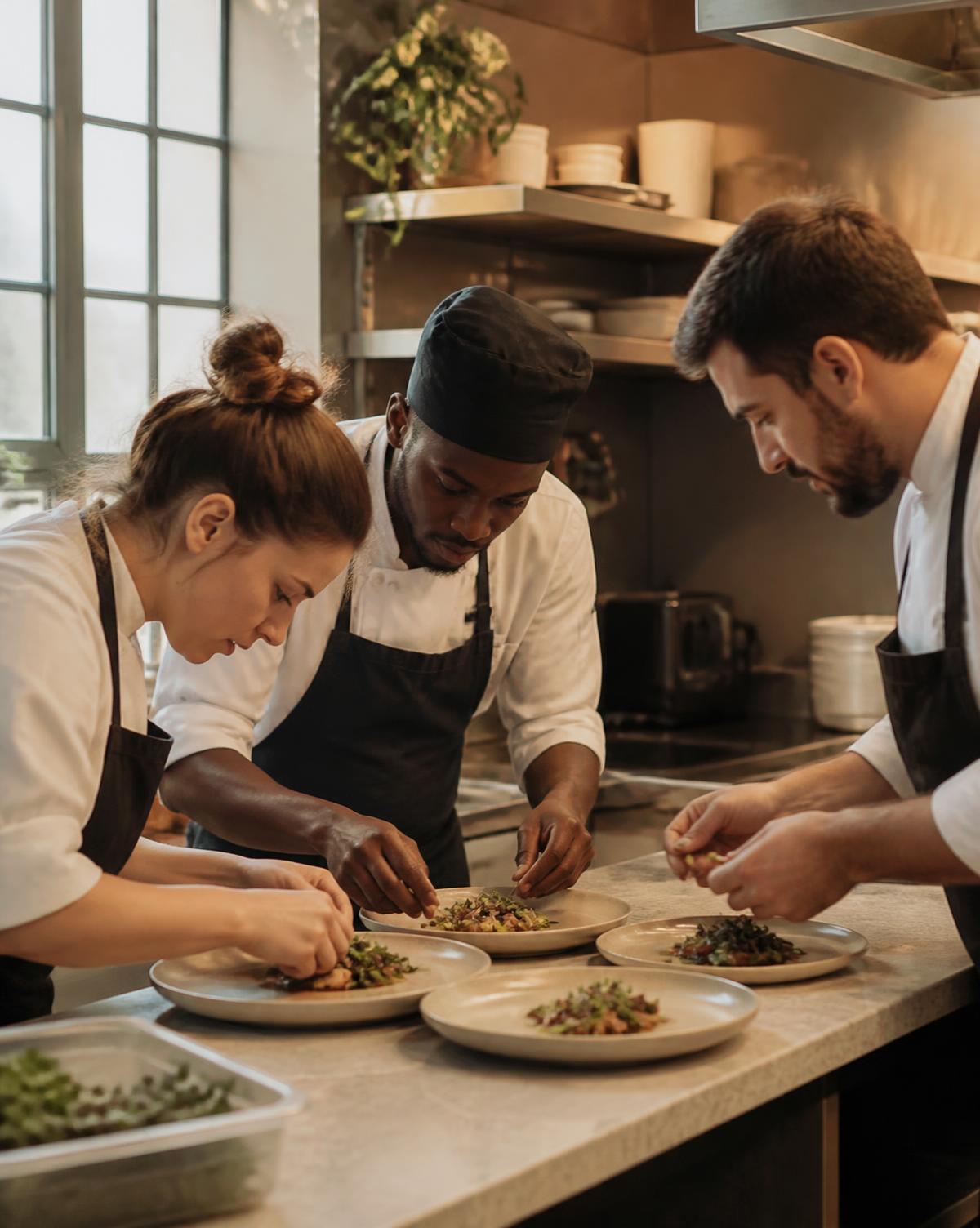 Chefs finishing plates together in a restaurant kitchen